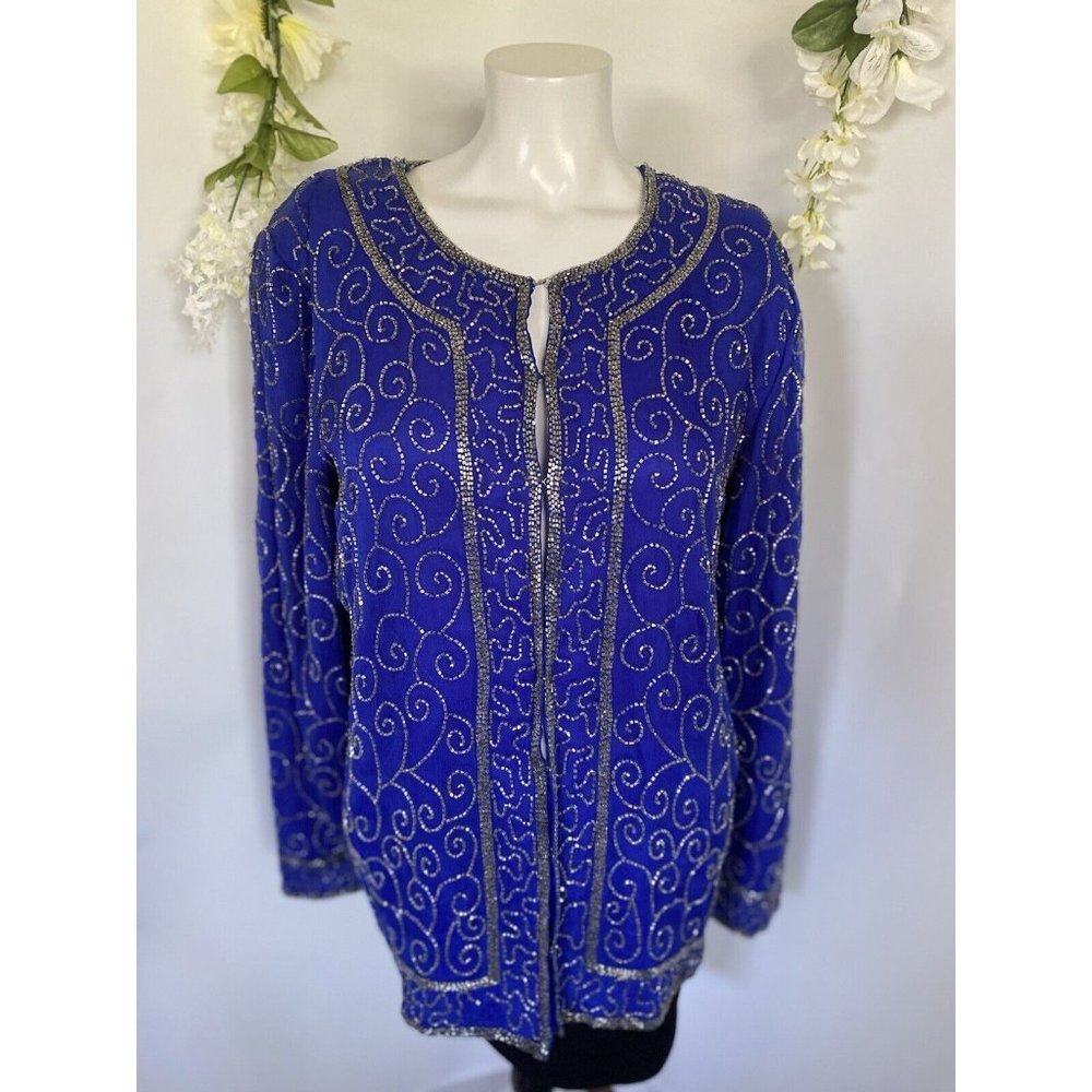 Vintage Silk Beaded Sequined Royal Blue and Silver Jacket Oversized Size XS GUC‎